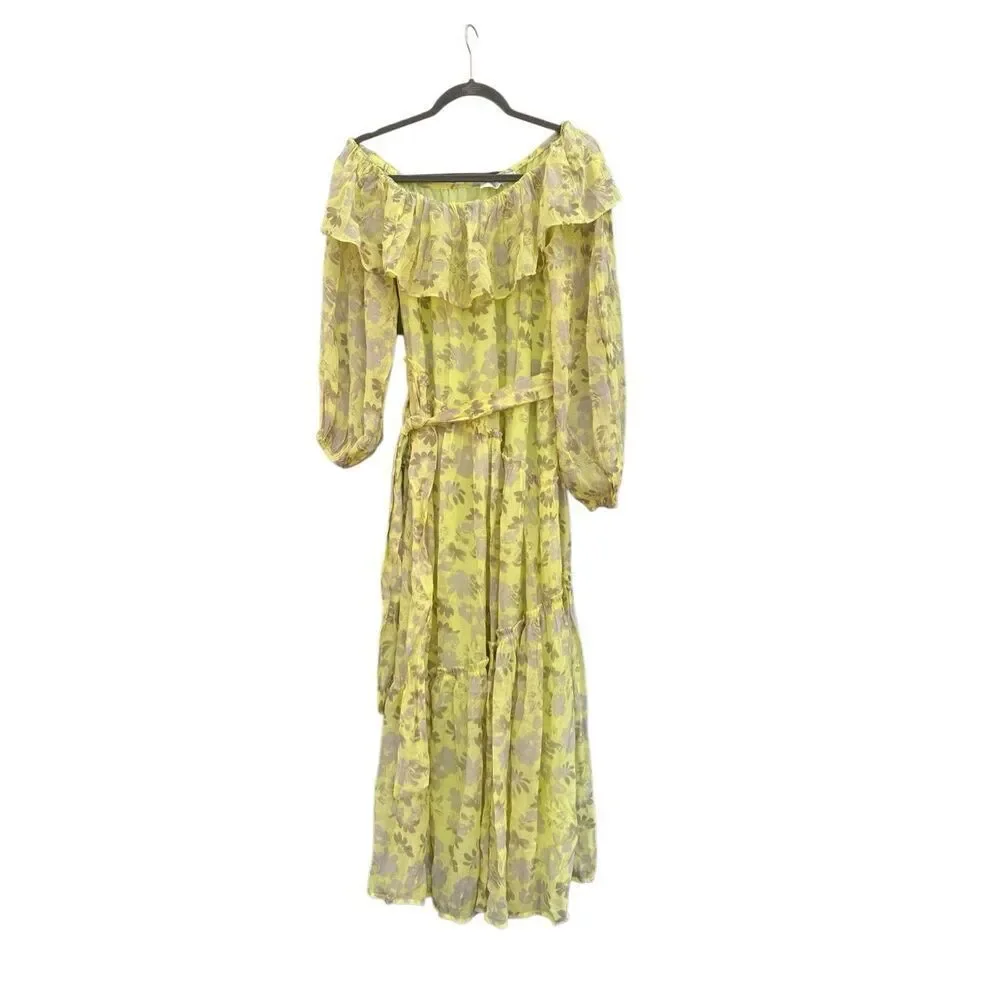 ASTR The Label x Revolve Kaylani Ruffle Dress in Gray Yellow Floral Size Medium